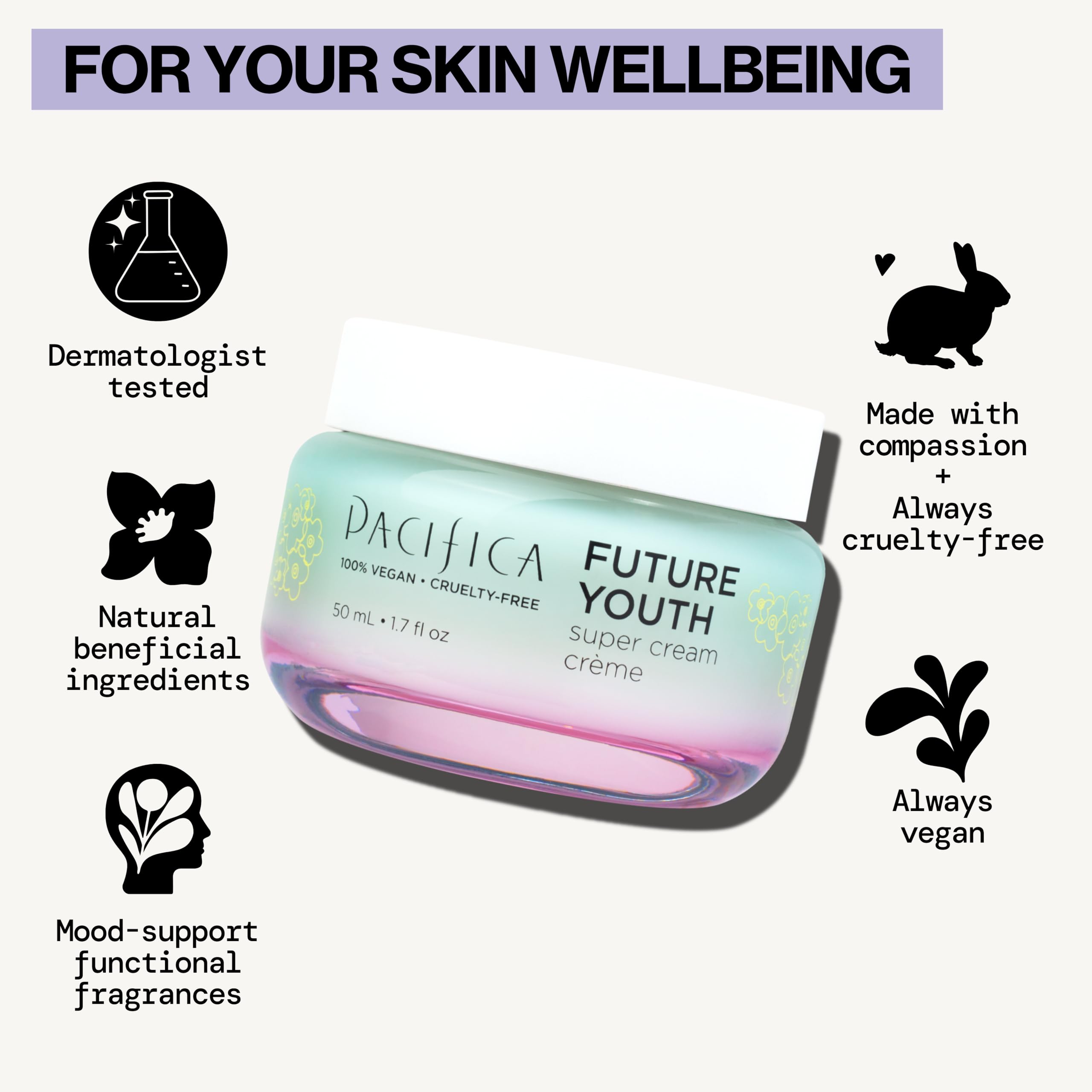 Pacifica Future Youth Super Cream label detail emphasizes clean vegan formulation