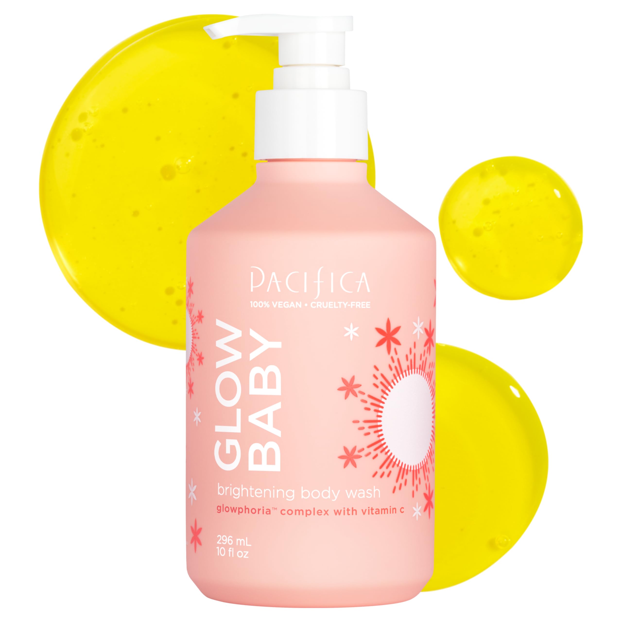 Pacifica Glow Baby Brightening Body Wash bottle with vitamin C boosts radiance during daily showers