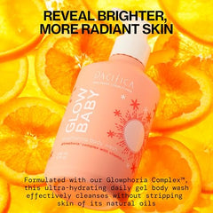 Pacifica Glow Baby Brightening Body Wash ingredients closeup showing Kakadu plum and AHAs for gentle exfoliation