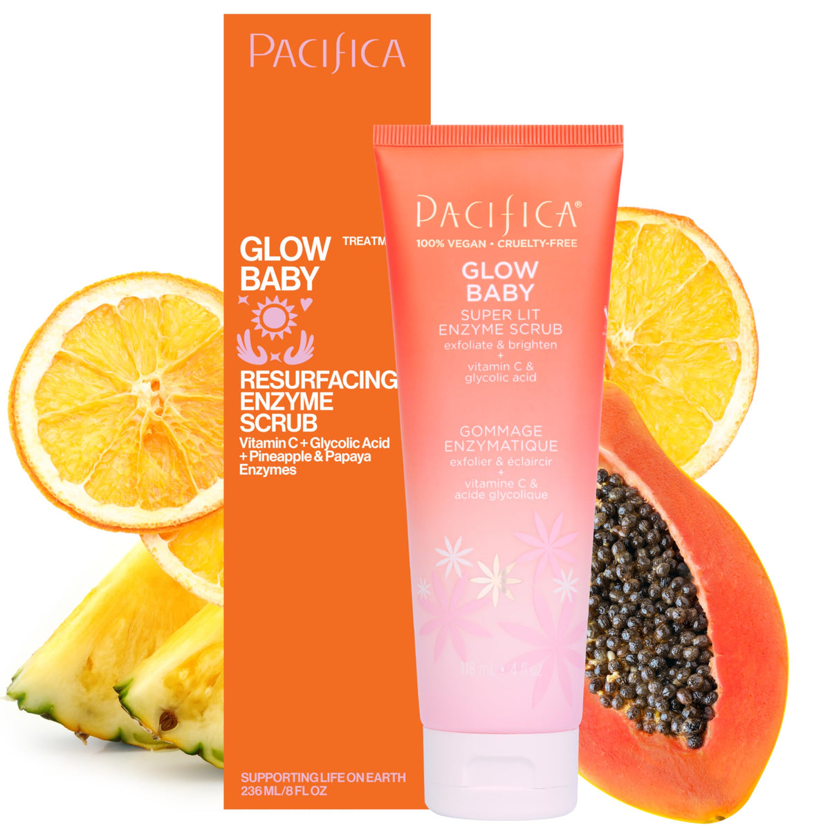 Pacifica Glow Baby Scrub bottle on vanity ready for a brightening cleanse.