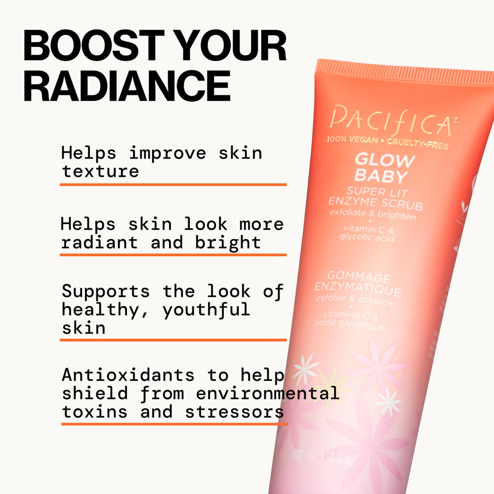 Vegan and cruelty-free certification on Pacifica Glow Baby Scrub packaging.