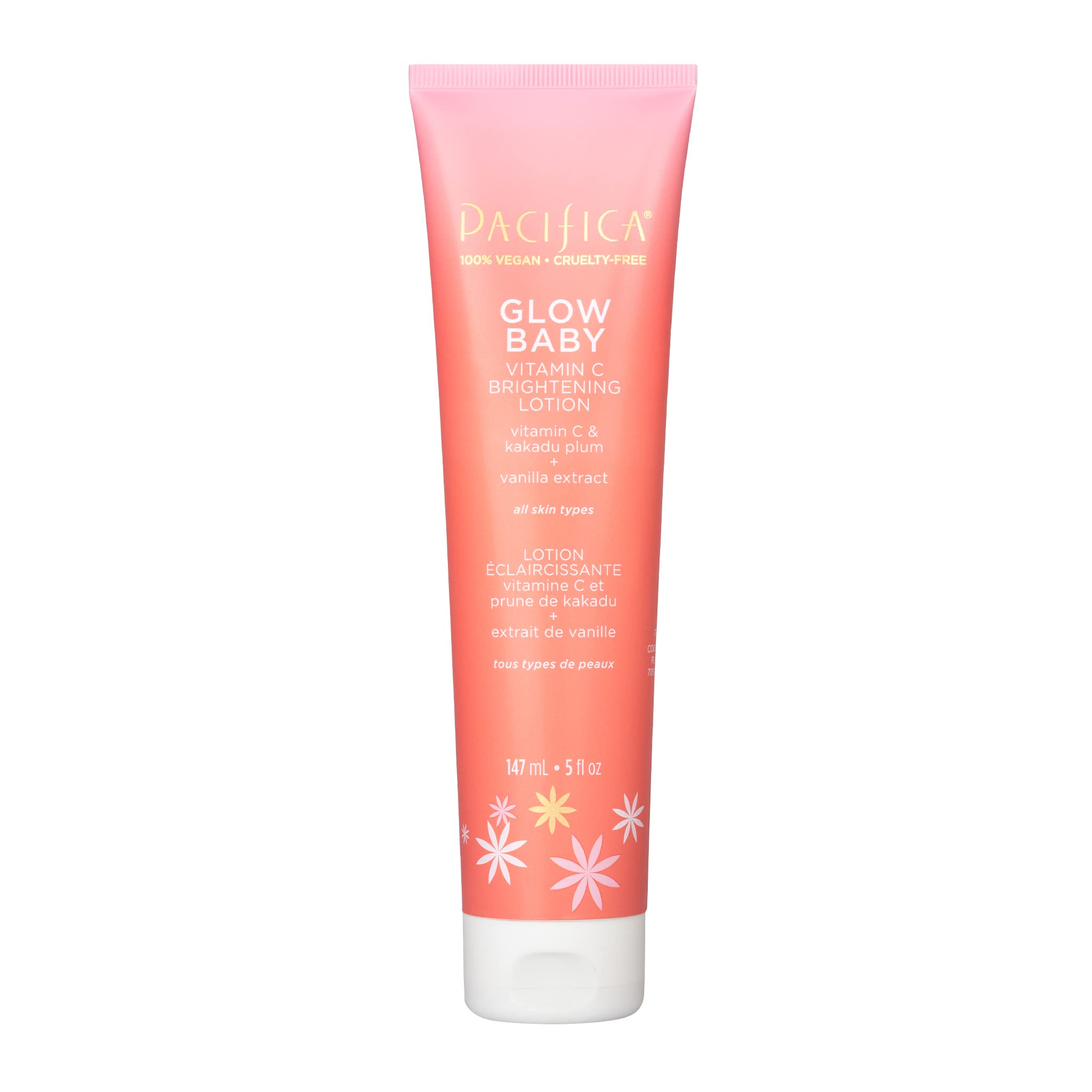 Pacifica Glow Baby Vitamin C lotion bottle shows a brightening formula for radiant skin.