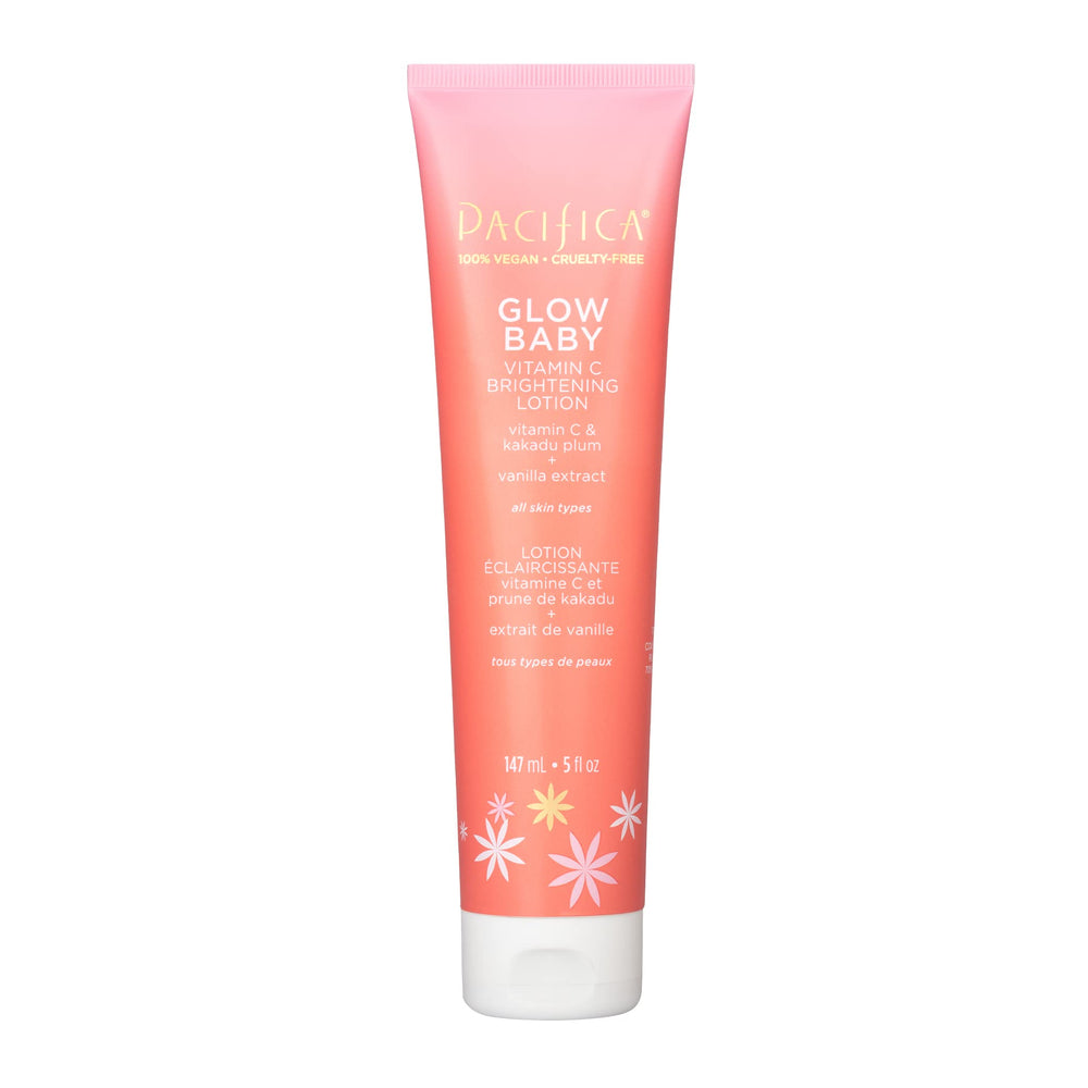 Pacifica Glow Baby Vitamin C lotion bottle shows a brightening formula for radiant skin.