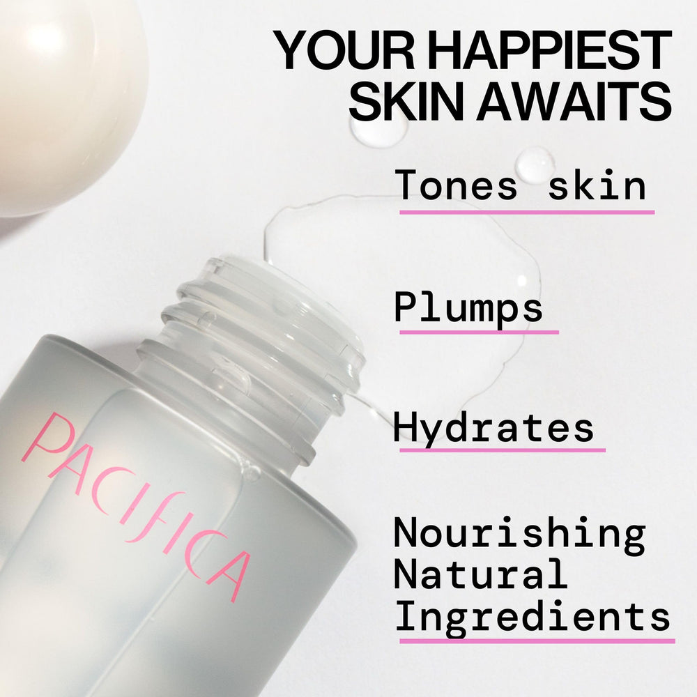 Pacifica Happy Water Toner mist spray over face, quick hydration boost.