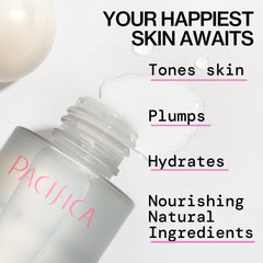 Pacifica Happy Water Toner mist spray over face, quick hydration boost.
