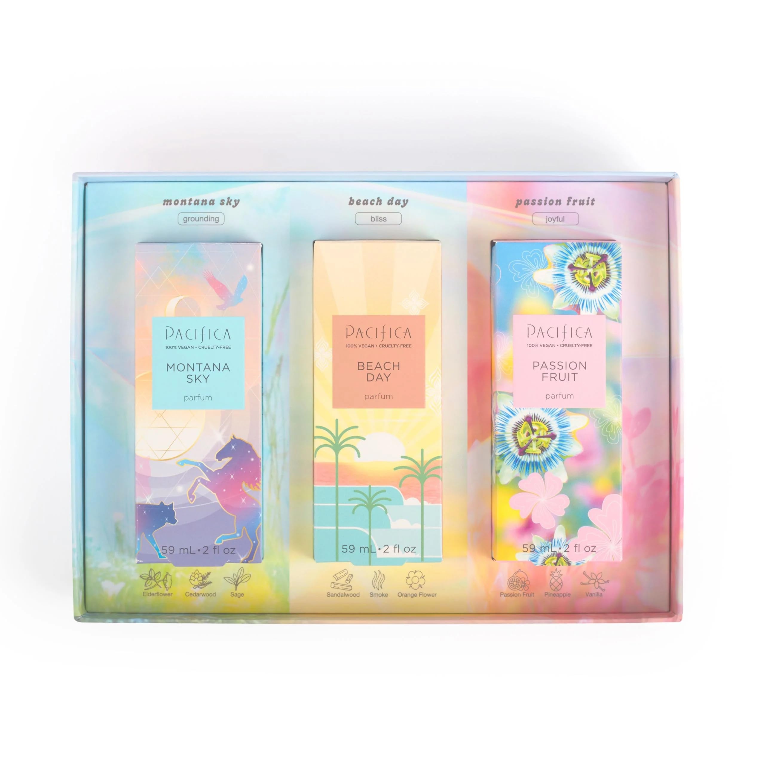 Pacifica Montana Sky bottle highlighting calming, nature-inspired notes for everyday wear.