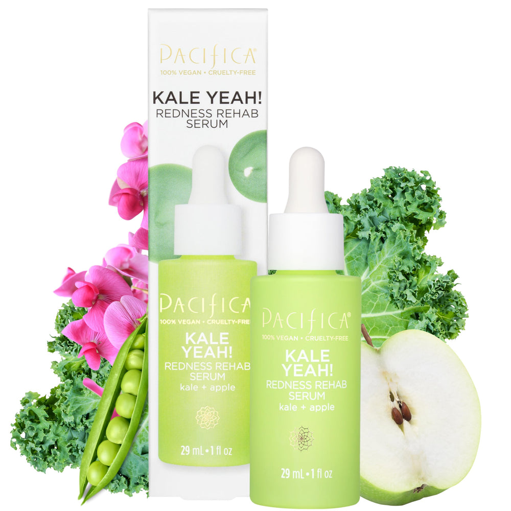 Pacifica Kale Yeah! Redness Rehab Serum bottle highlights clean, vegan anti-redness care.