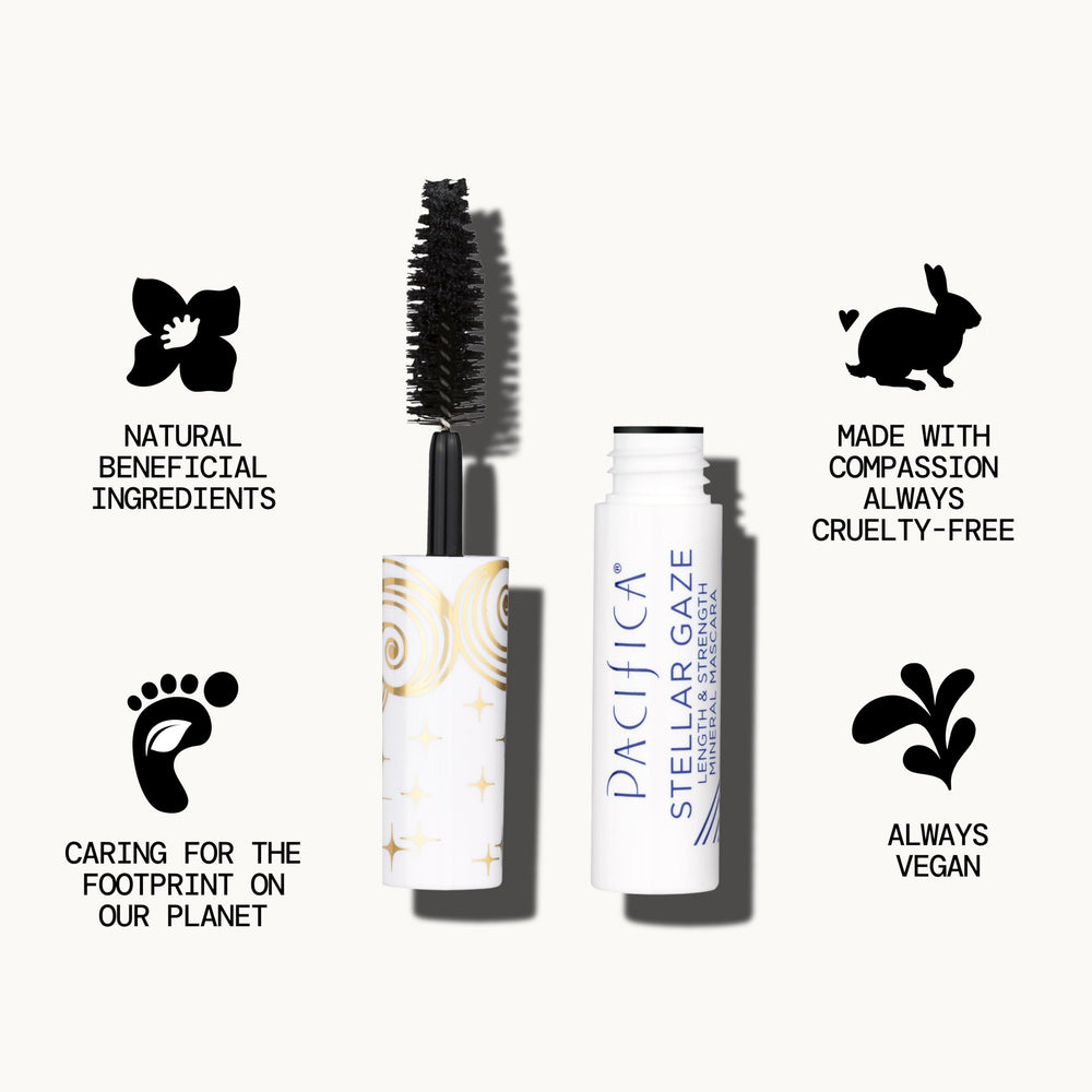 Pacifica Mini Stellar Gaze Mascara travel-ready tube fits in clutch for on-the-go lashes.