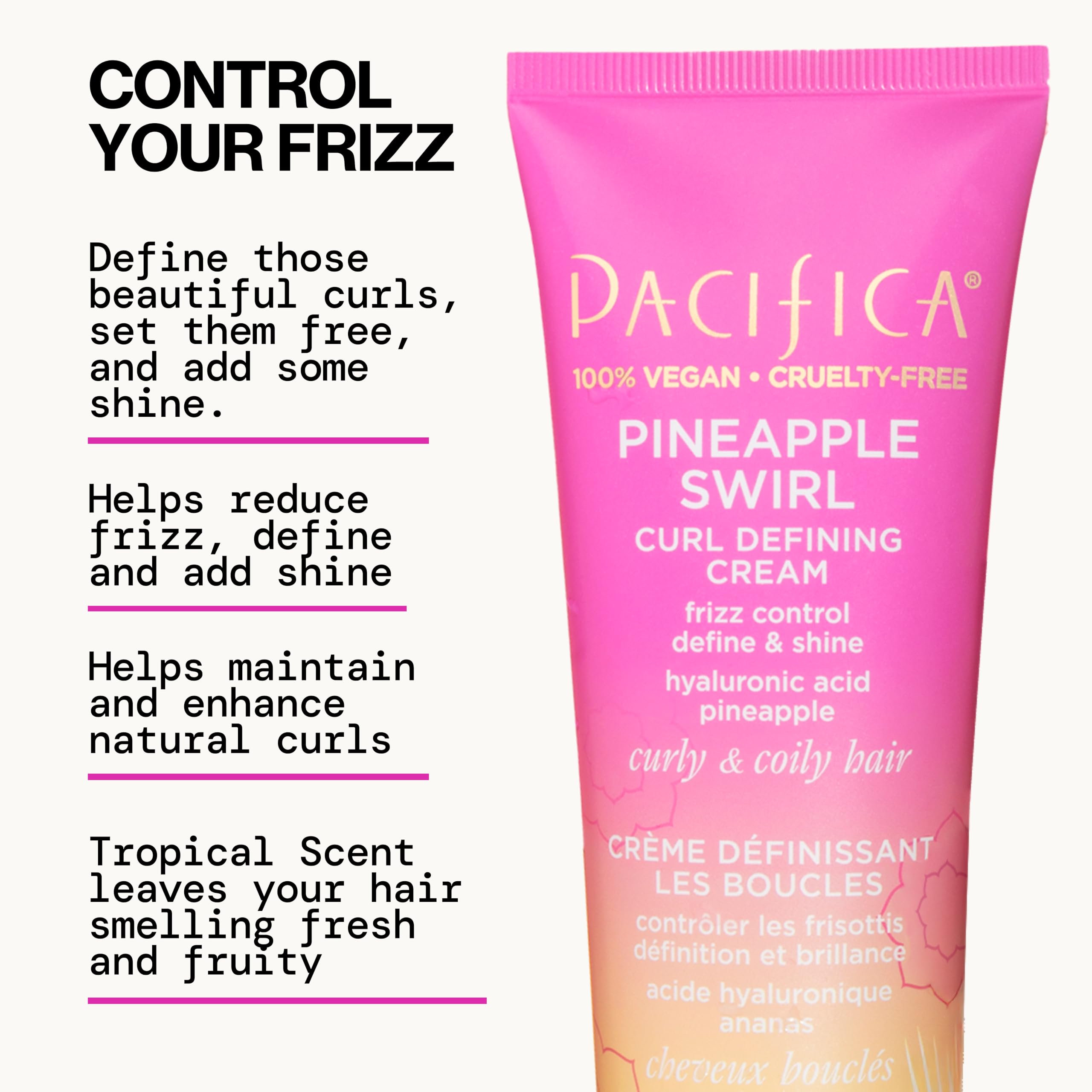 Pacifica Pineapple Curls Conditioner texture close-up emphasizes avocado and coconut oils for moisture.