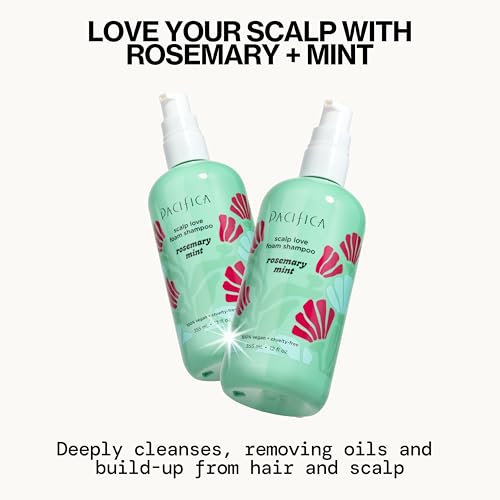 Pacifica Rosemary Mint shampoo foam lather massaging into hair for cleansing action.
