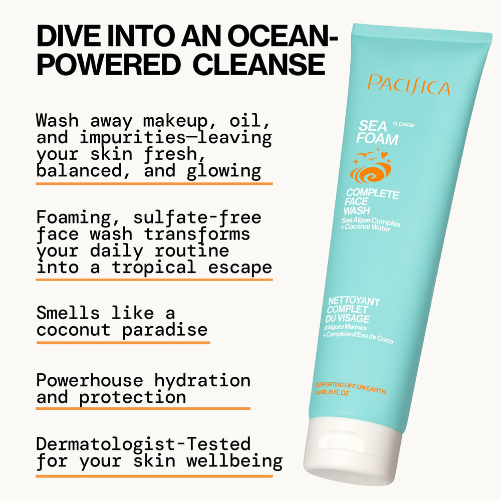 Pacifica Sea Foam ingredients image with algae and kelp suggests brightening and cleansing synergy.