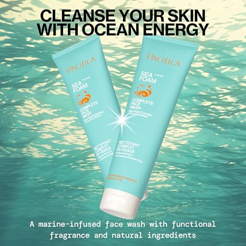 Pacifica Sea Foam bottle pour demonstrates a mild cleanse suitable for oily skin.