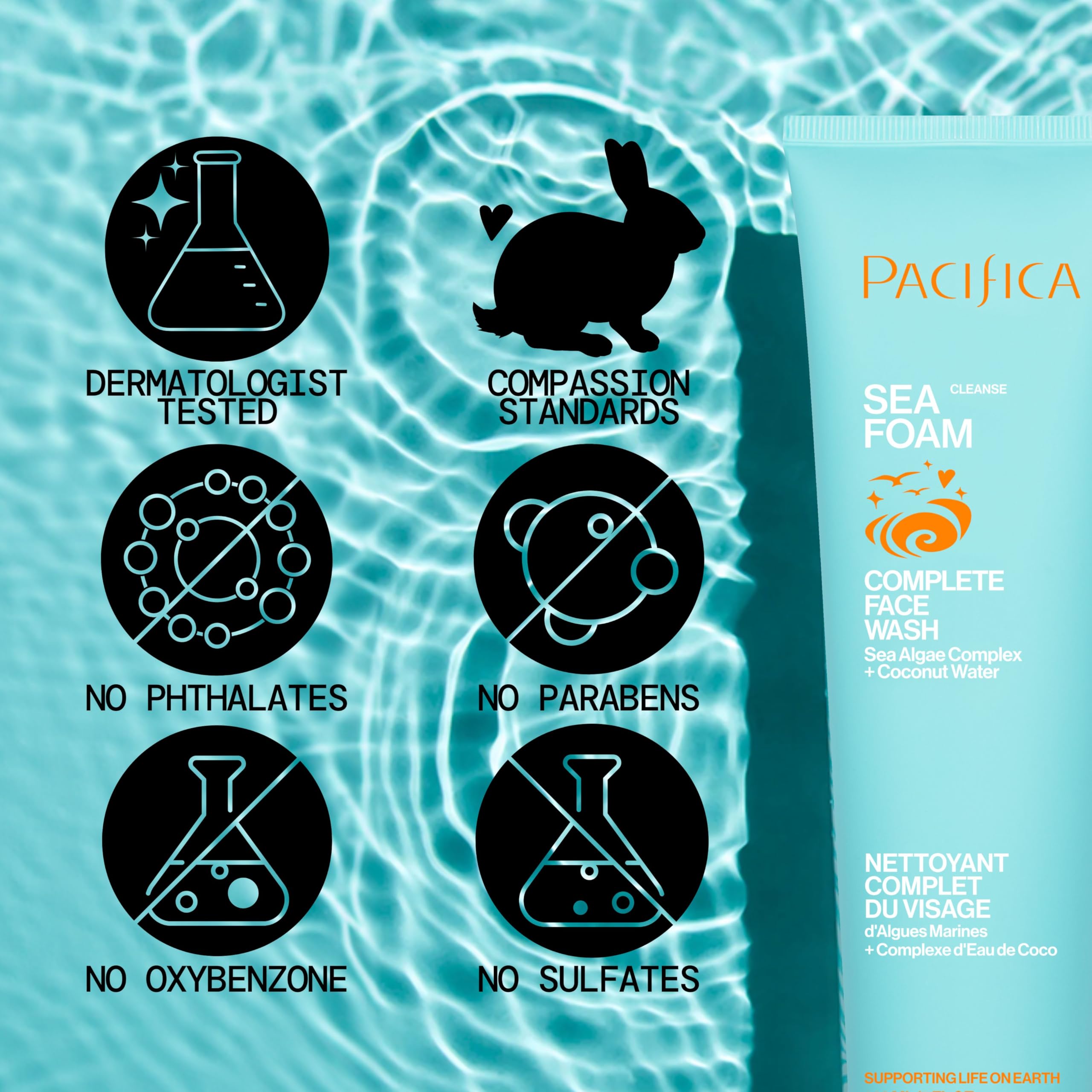Pacifica Sea Foam coconut water element implies hydration-friendly cleansing experience.