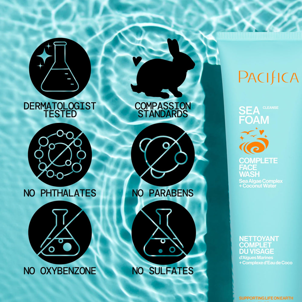 Pacifica Sea Foam coconut water element implies hydration-friendly cleansing experience.