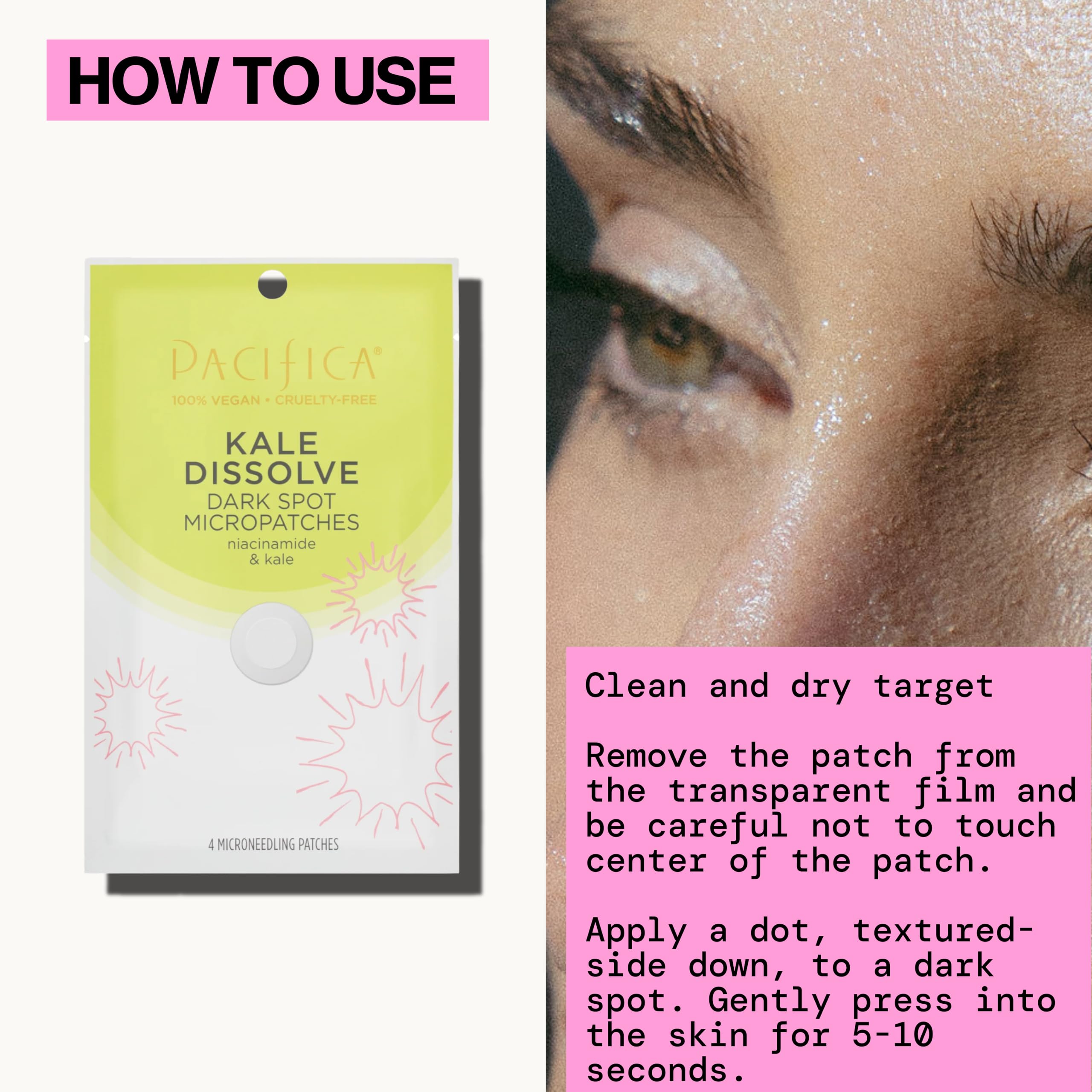 Semi-transparent patch on the cheek blends with skin for daytime wear.