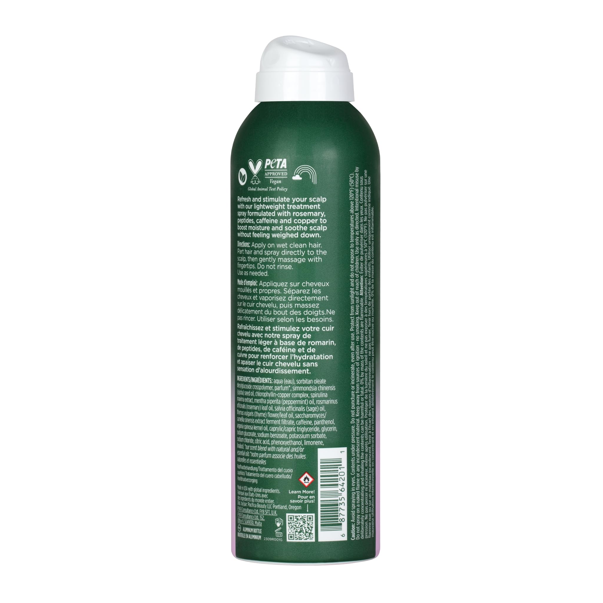 Pacifica Serum Spray rosemary-peptide blend provides aromatic boost for scalp comfort.