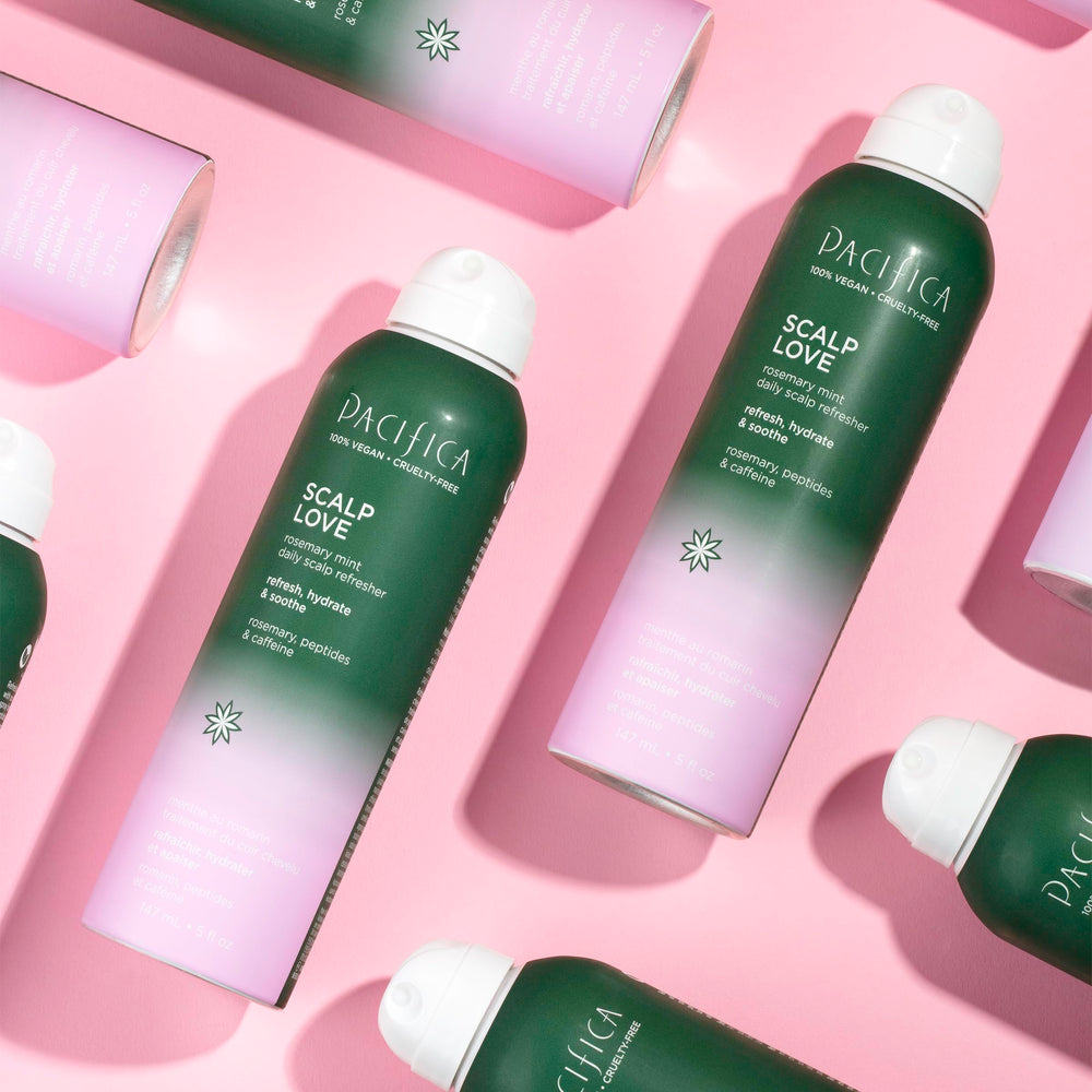 Pacifica Serum Spray clear bottle-massage action illustrates soothing scalp moisture boost.