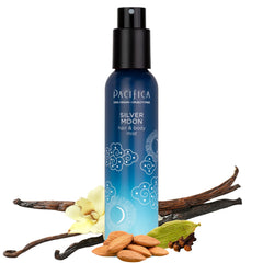 Pacifica Silver Moon bottle pour, showcasing vanilla and almond warmth