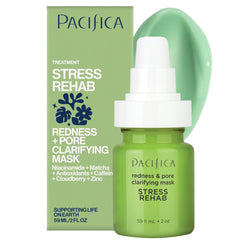 Pacifica Stress Rehab mask bottle close-up showing calming redness relief.