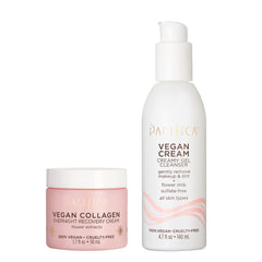 Pacifica vegan collagen cleanser and overnight cream set for daily hydration.