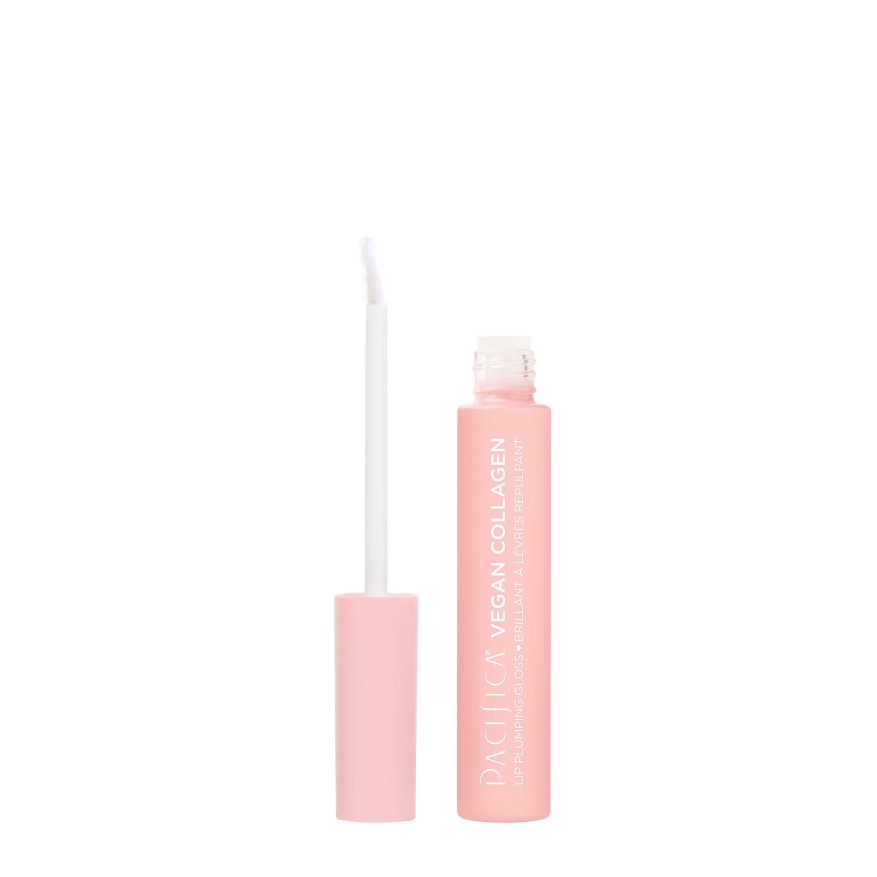 Pacifica Vegan Collagen Lip Plumping Gloss bottle highlighting glass packaging and vegan formula.