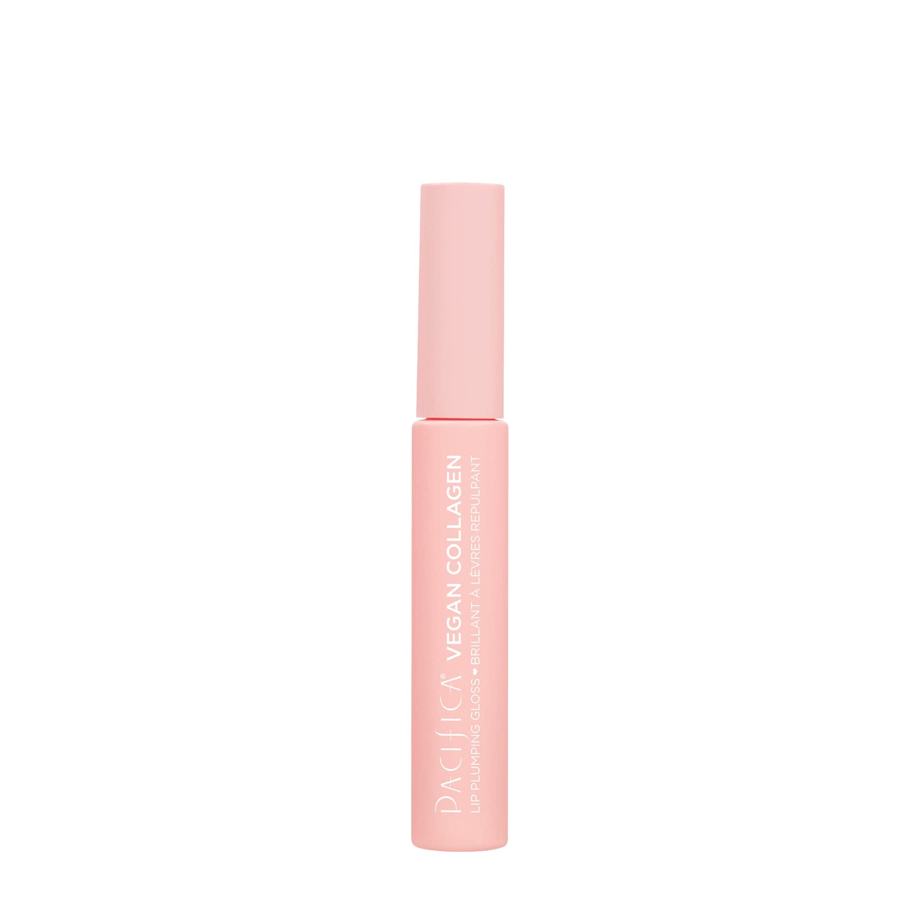 Pacifica vegan collagen lip gloss close-up shows translucent rose hue and non-sticky texture.