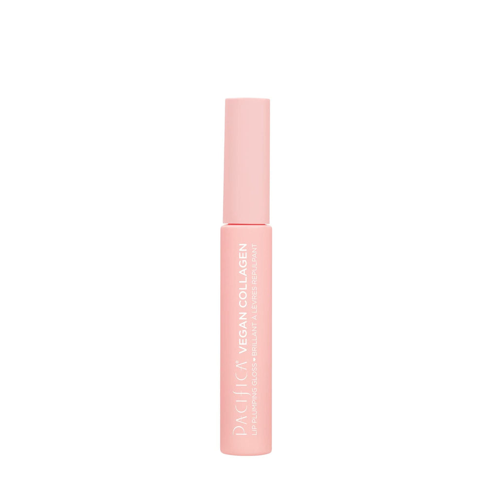 Pacifica vegan collagen lip gloss close-up shows translucent rose hue and non-sticky texture.
