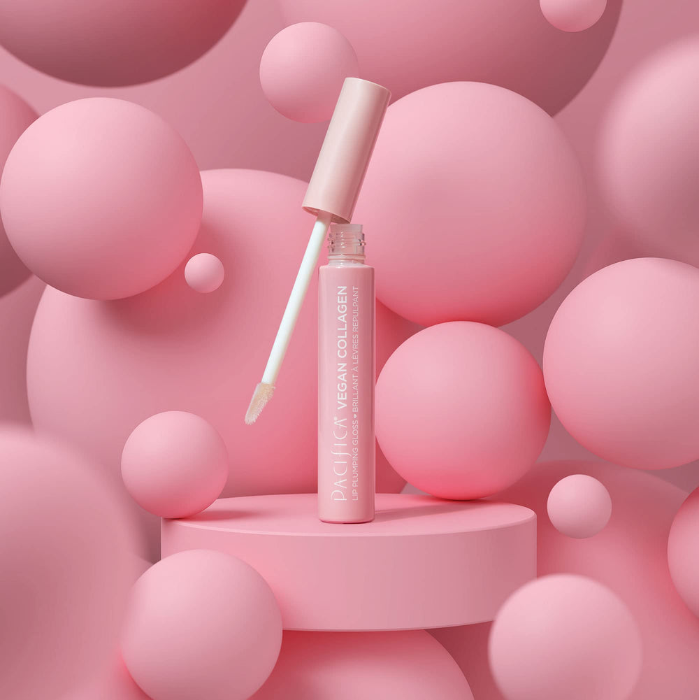Pacifica lip plumping gloss on lips demonstrates instant shine and gentle plump.