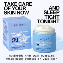 Pacifica Wake Up Beautiful night cream bottle on bathroom sink