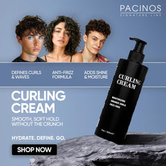 Pacinos Curling Cream in hand suggests easy application and lightweight feel.