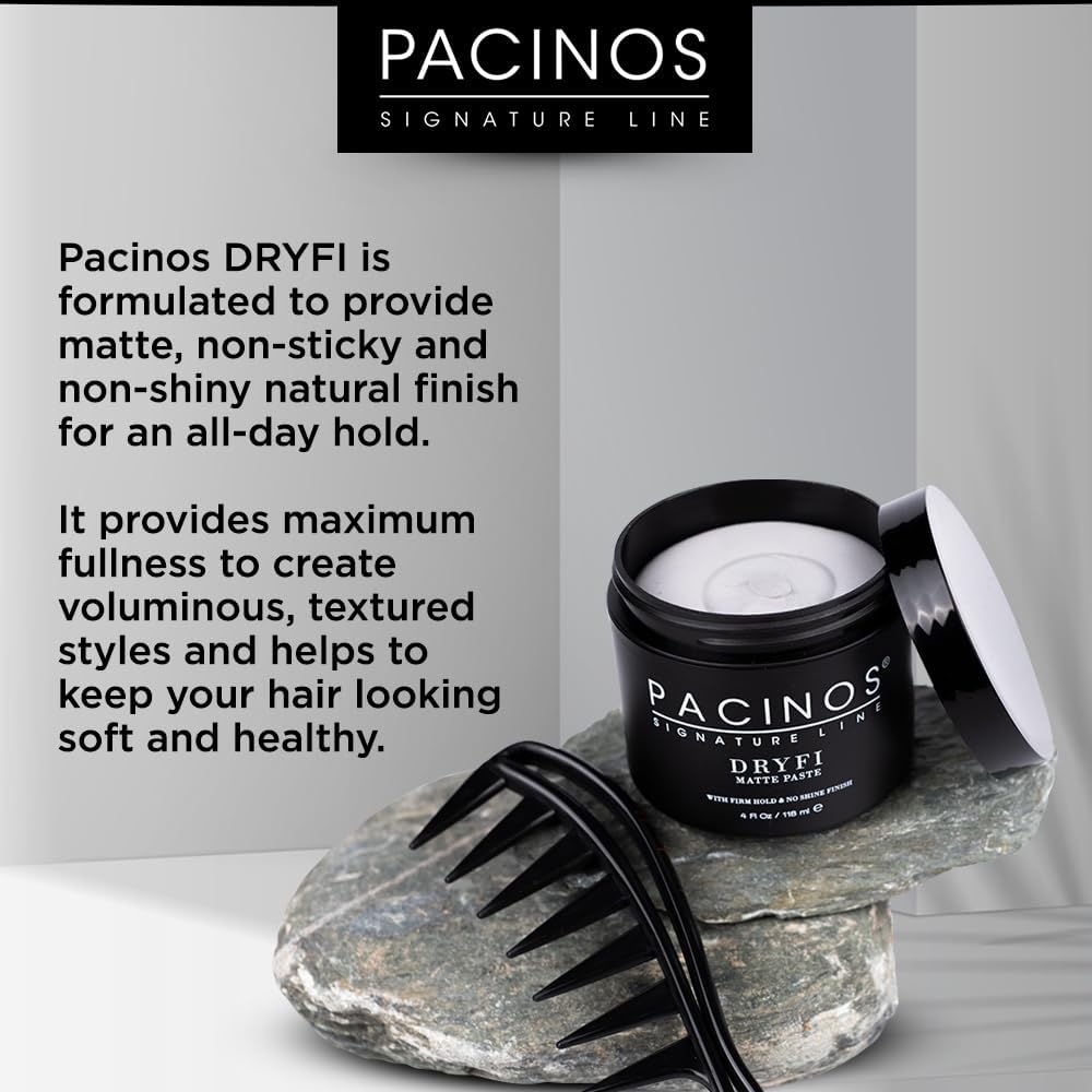Compact packaging of Pacinos DRYFI matte paste for travel.