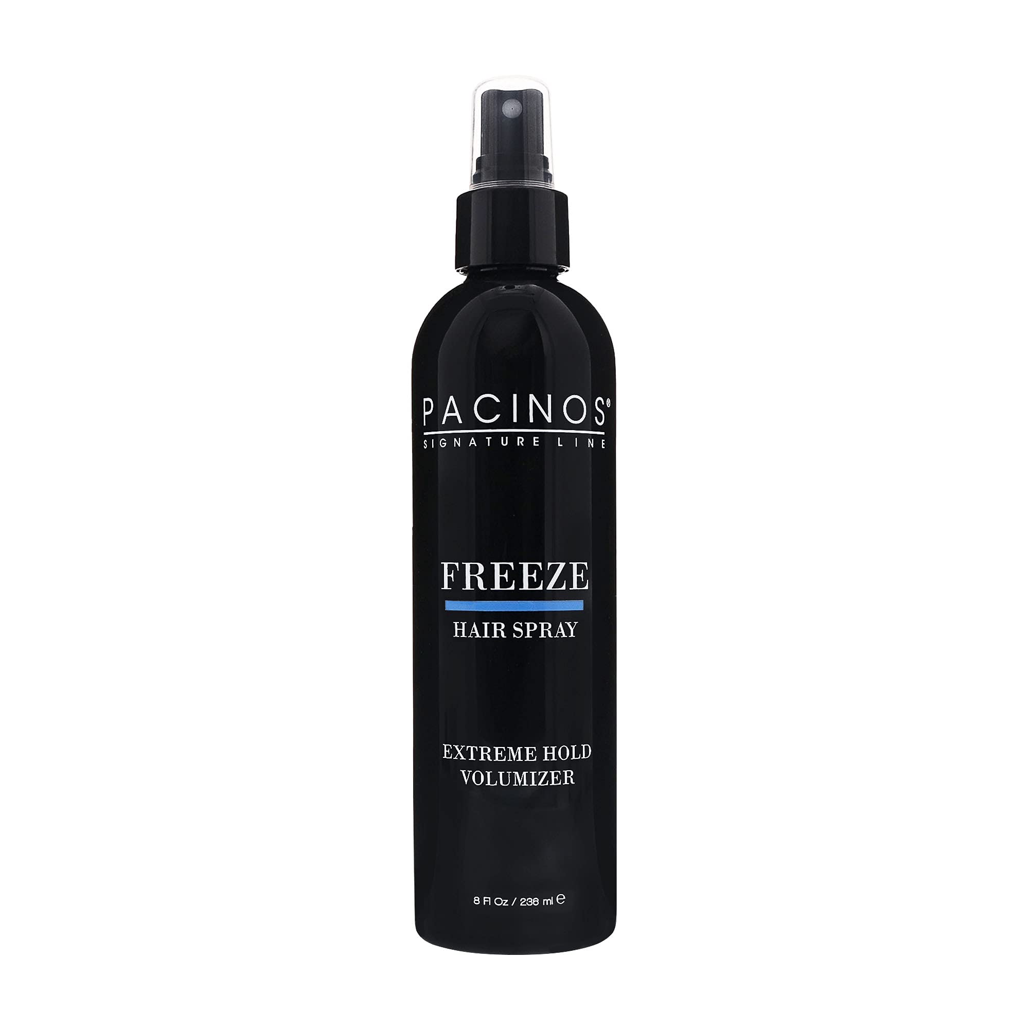 Pacinos Freeze bottle closeup demonstrates strong hold for all hair types.