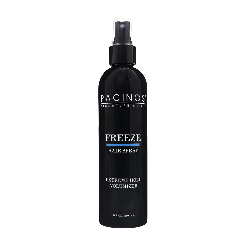 Pacinos Freeze bottle closeup demonstrates strong hold for all hair types.