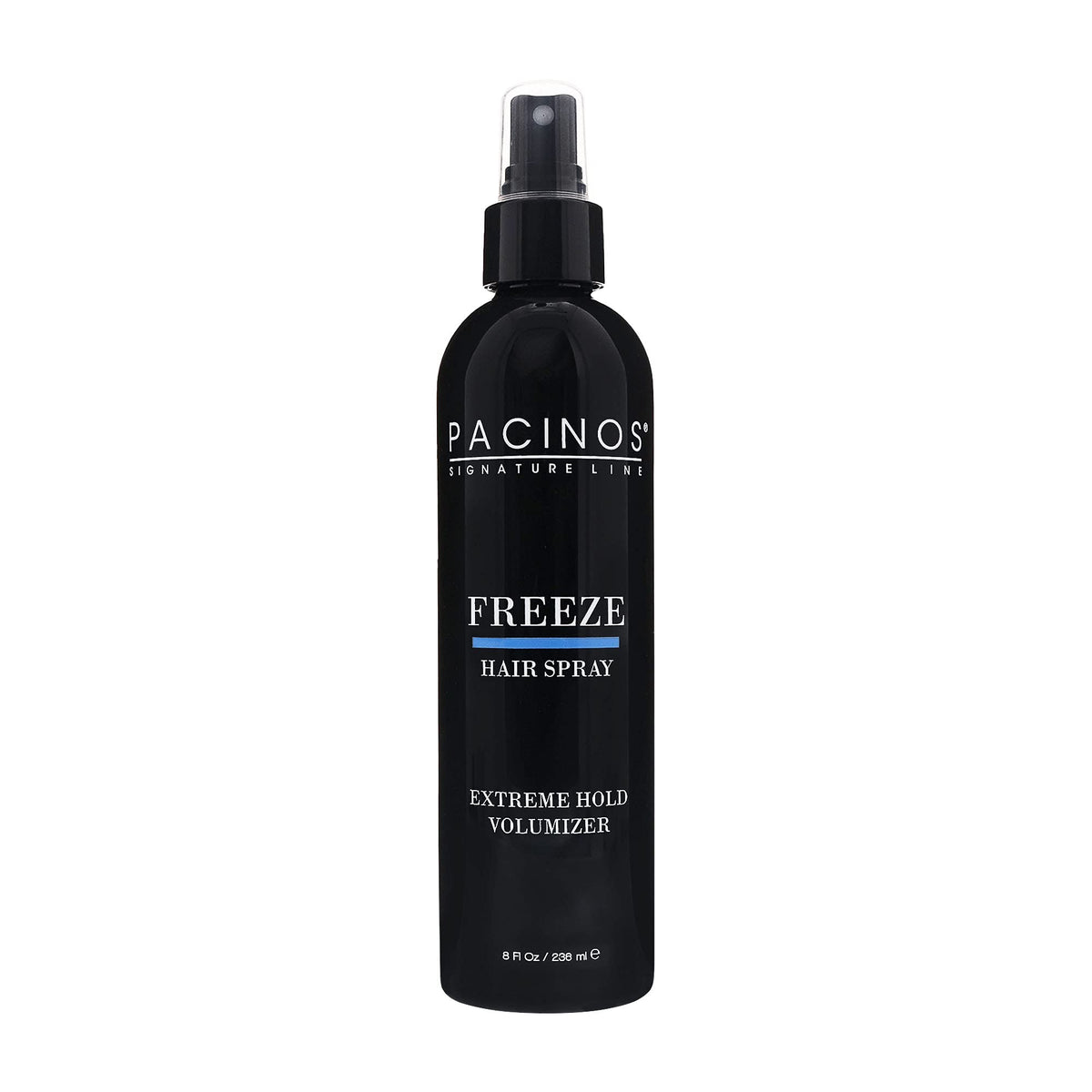 Pacinos Freeze bottle closeup demonstrates strong hold for all hair types.