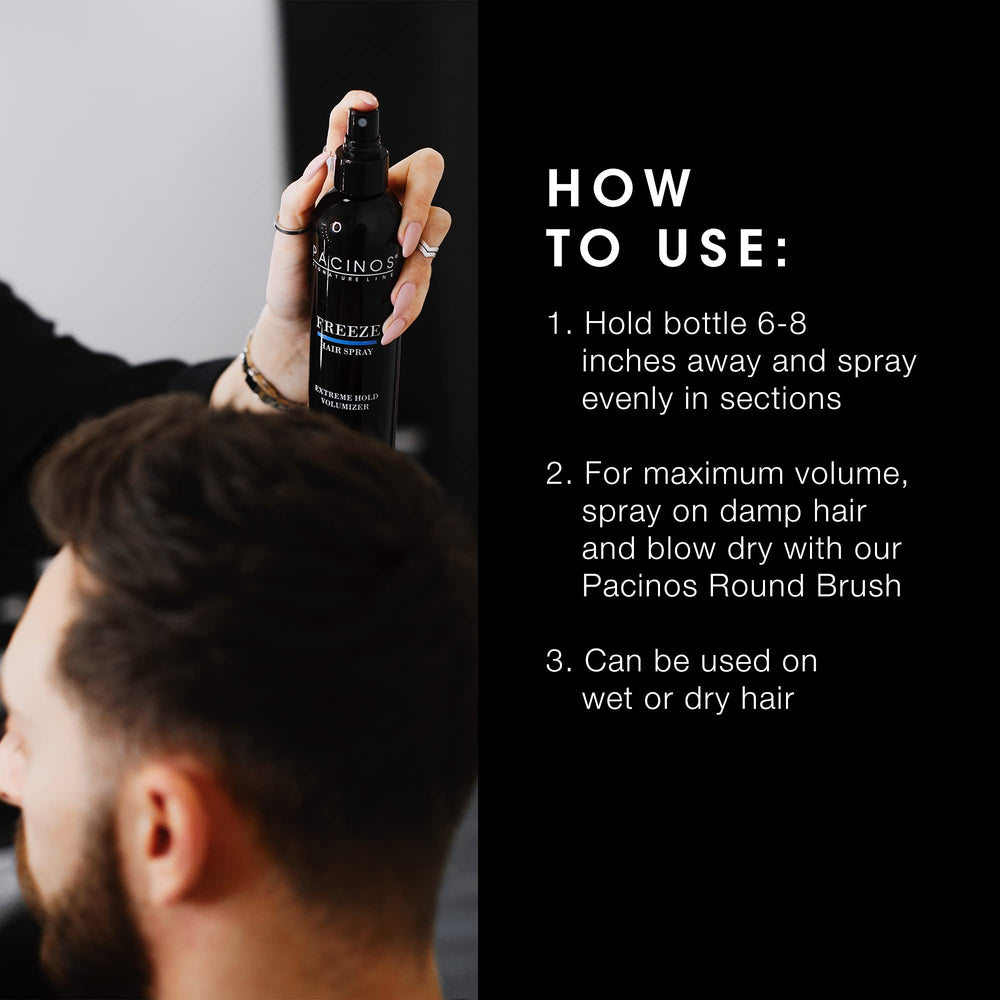Pacinos Freeze dry-time graphic notes fast-set for time-saving styling.