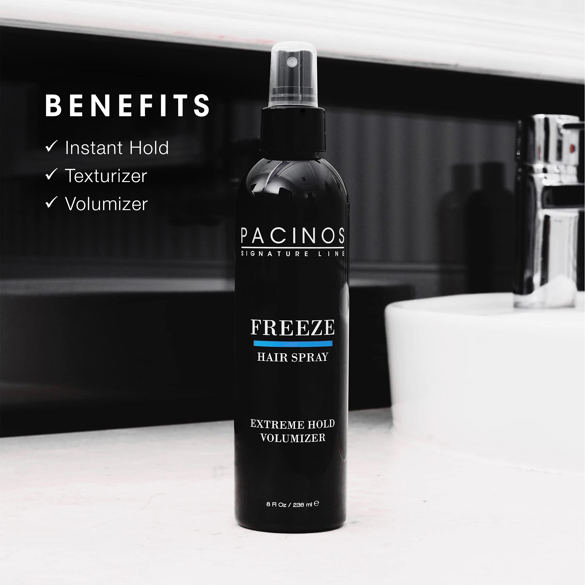 Pacinos Freeze spray application shows quick-dry finish and frizz control.