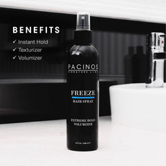 Pacinos Freeze spray application shows quick-dry finish and frizz control.