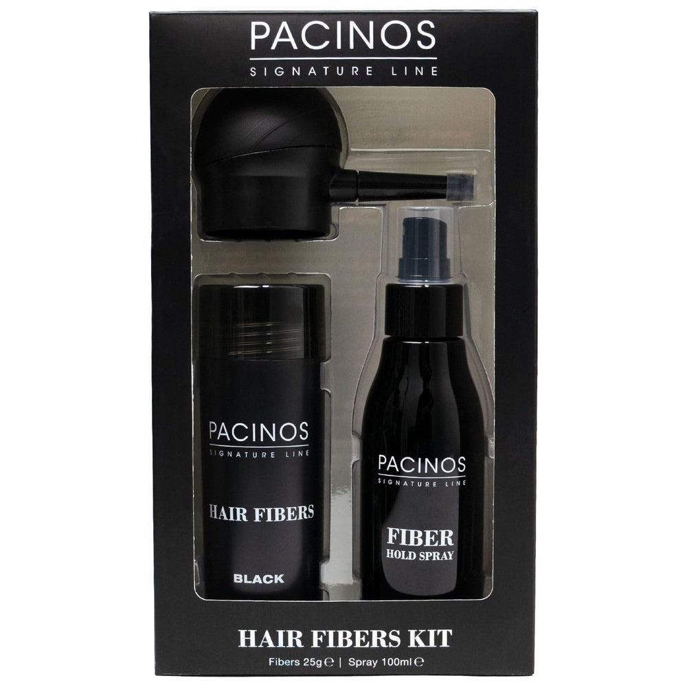 Pacinos Hair Fiber Kit fiber hold spray demonstrates secure, all-day hold