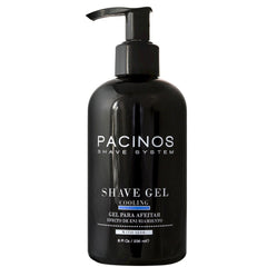 Pacinos Shave Gel bottle on counter shows cooling formula for a refreshing shave.
