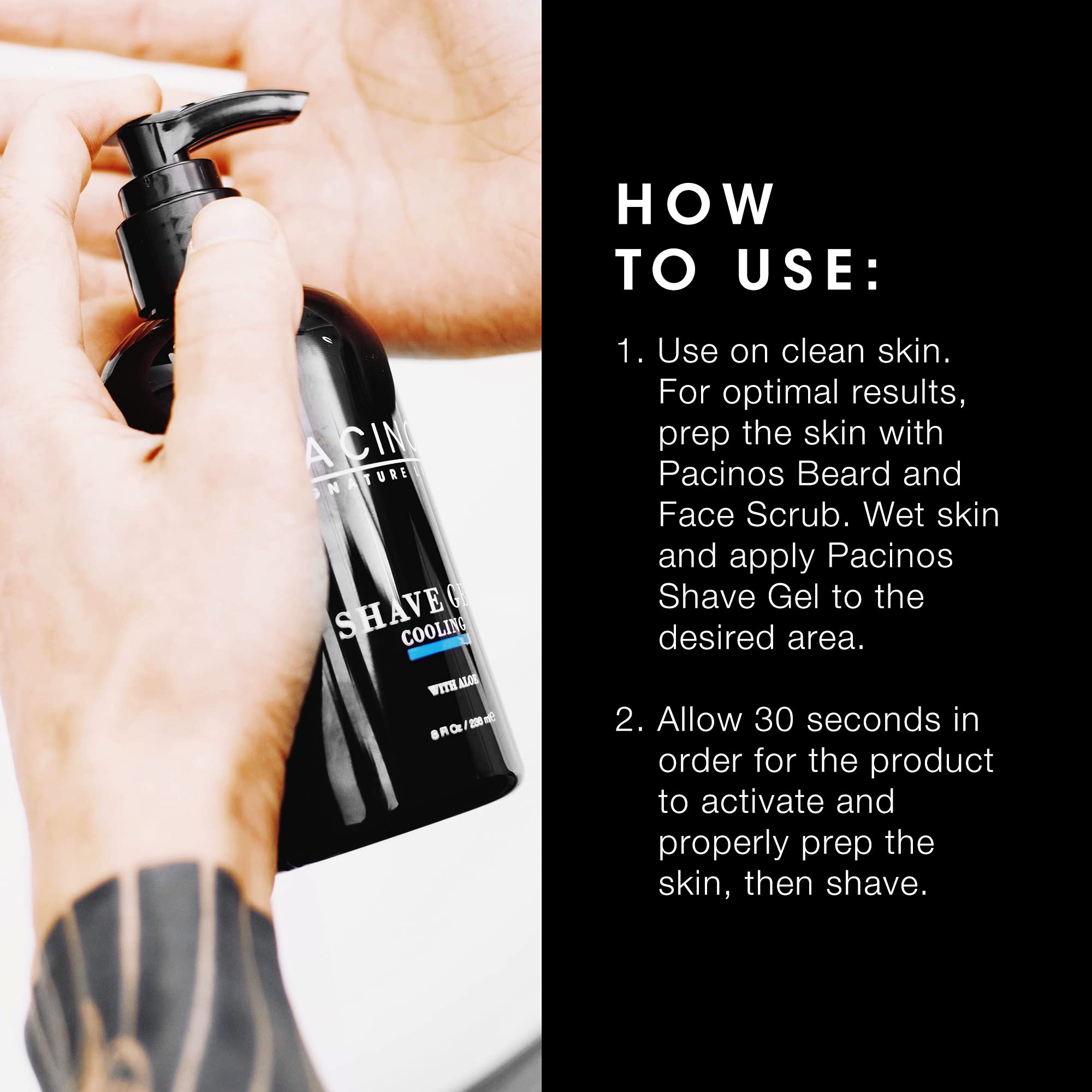 Pacinos Shave Gel includes aloe vera for moisturizing skin during shave.