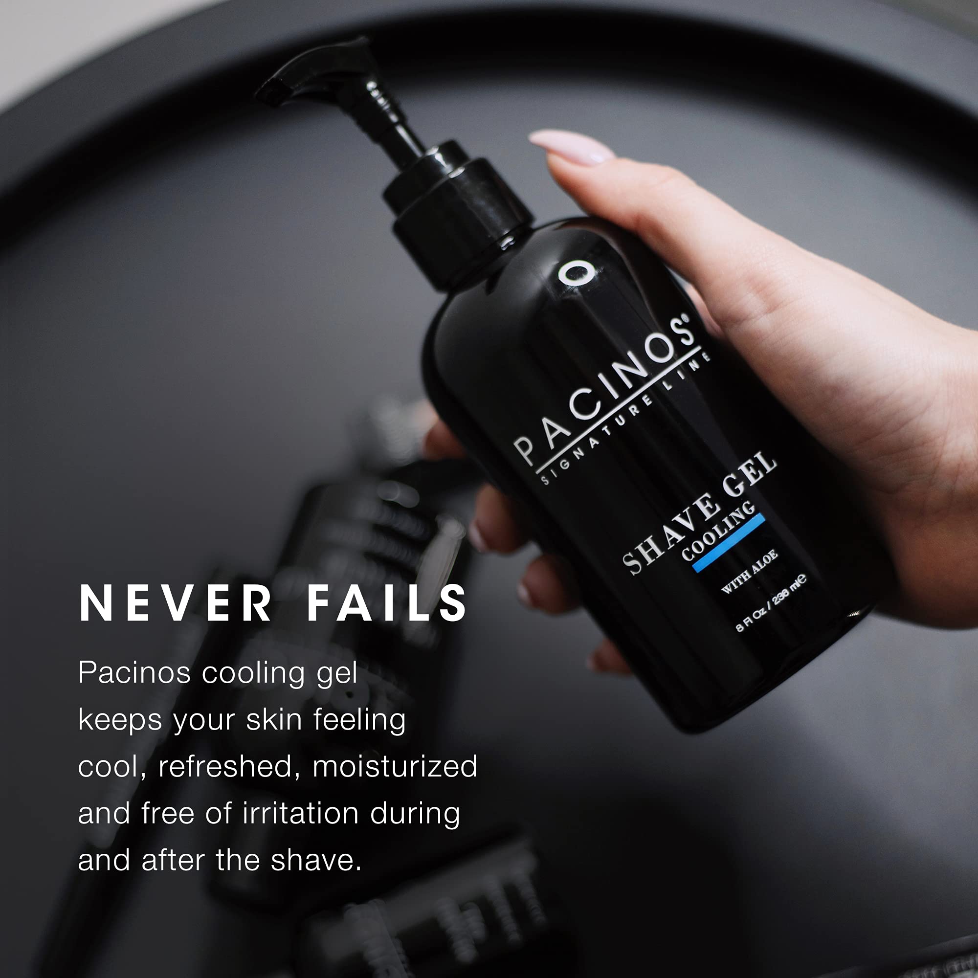 Pacinos Shave Gel delivers a smooth glide with a clear gel formula.