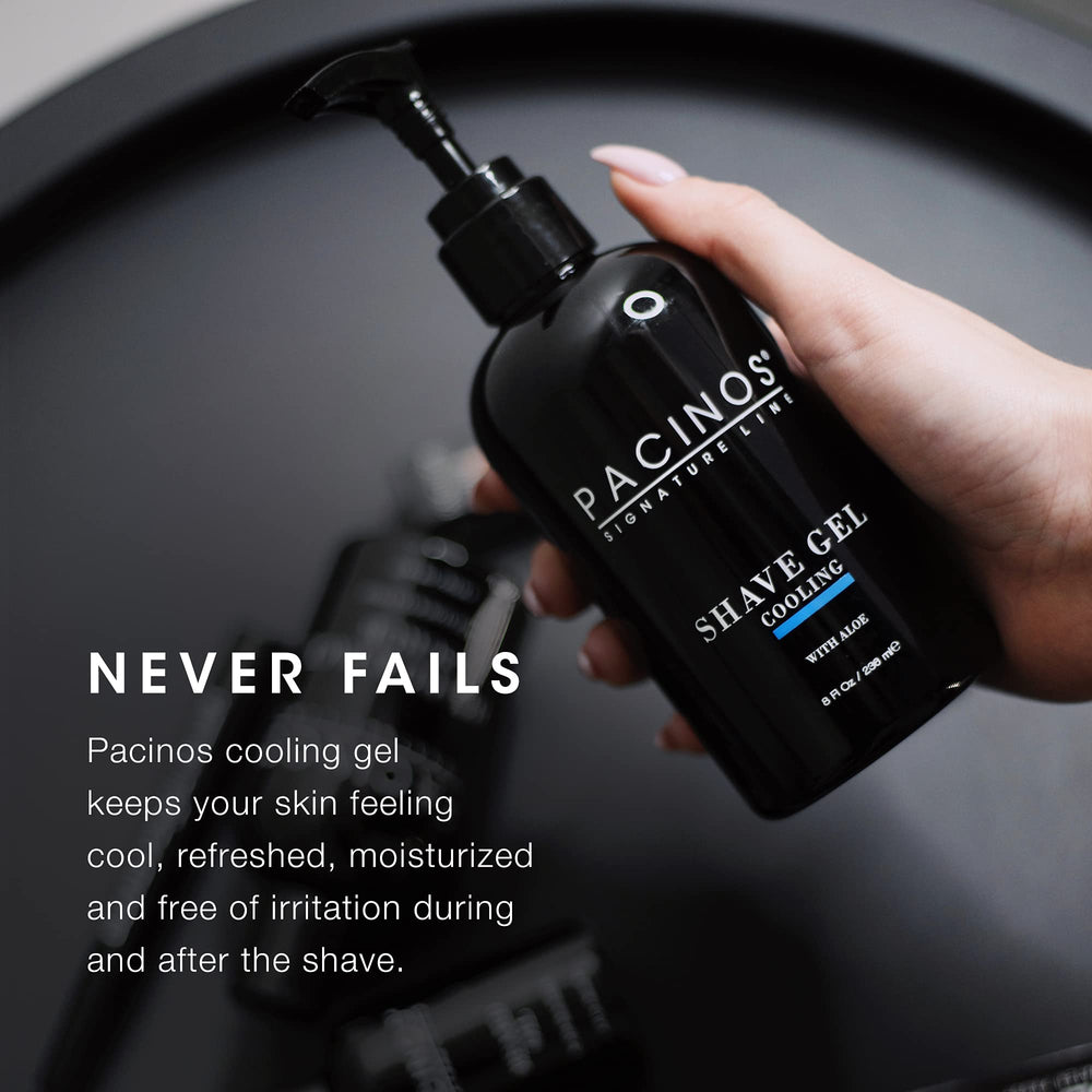 Pacinos Shave Gel delivers a smooth glide with a clear gel formula.