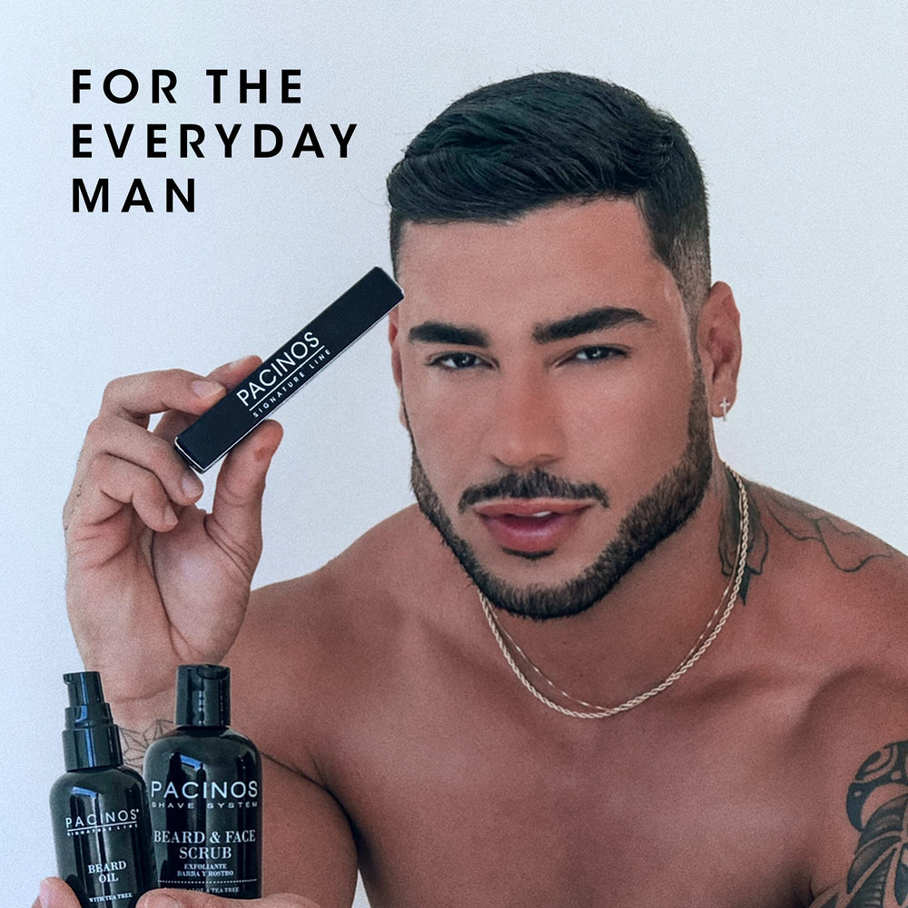 Pacinos Signature Line packaging highlights premium grooming for men.