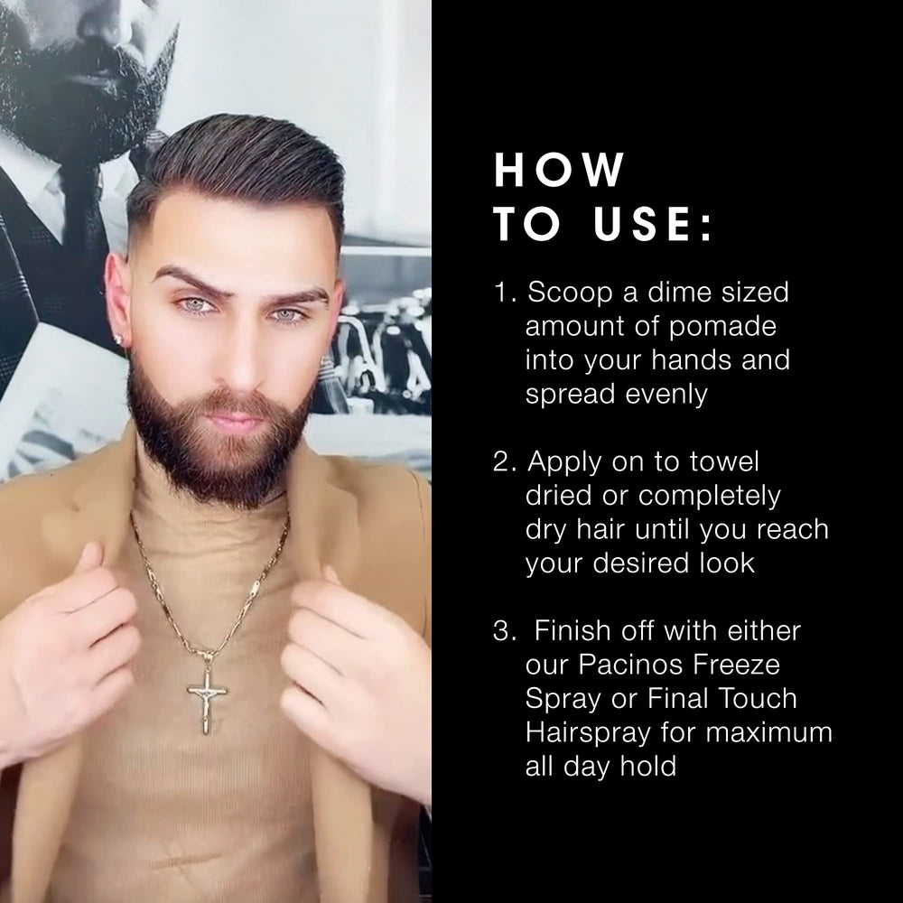 Dispensing Pacinos Sleek pomade for wet-look styling versatility.