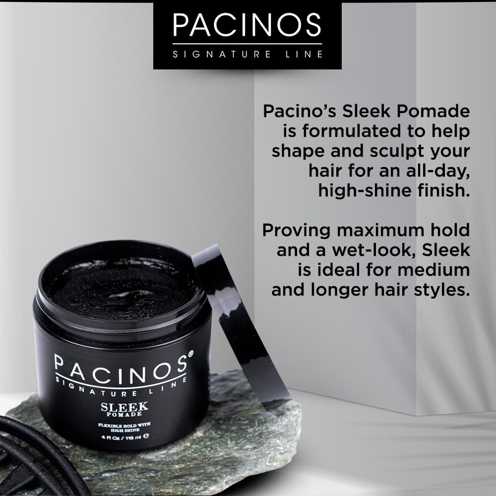 Close-up of glossy Pacinos SLEEK hair showing all-day hold.