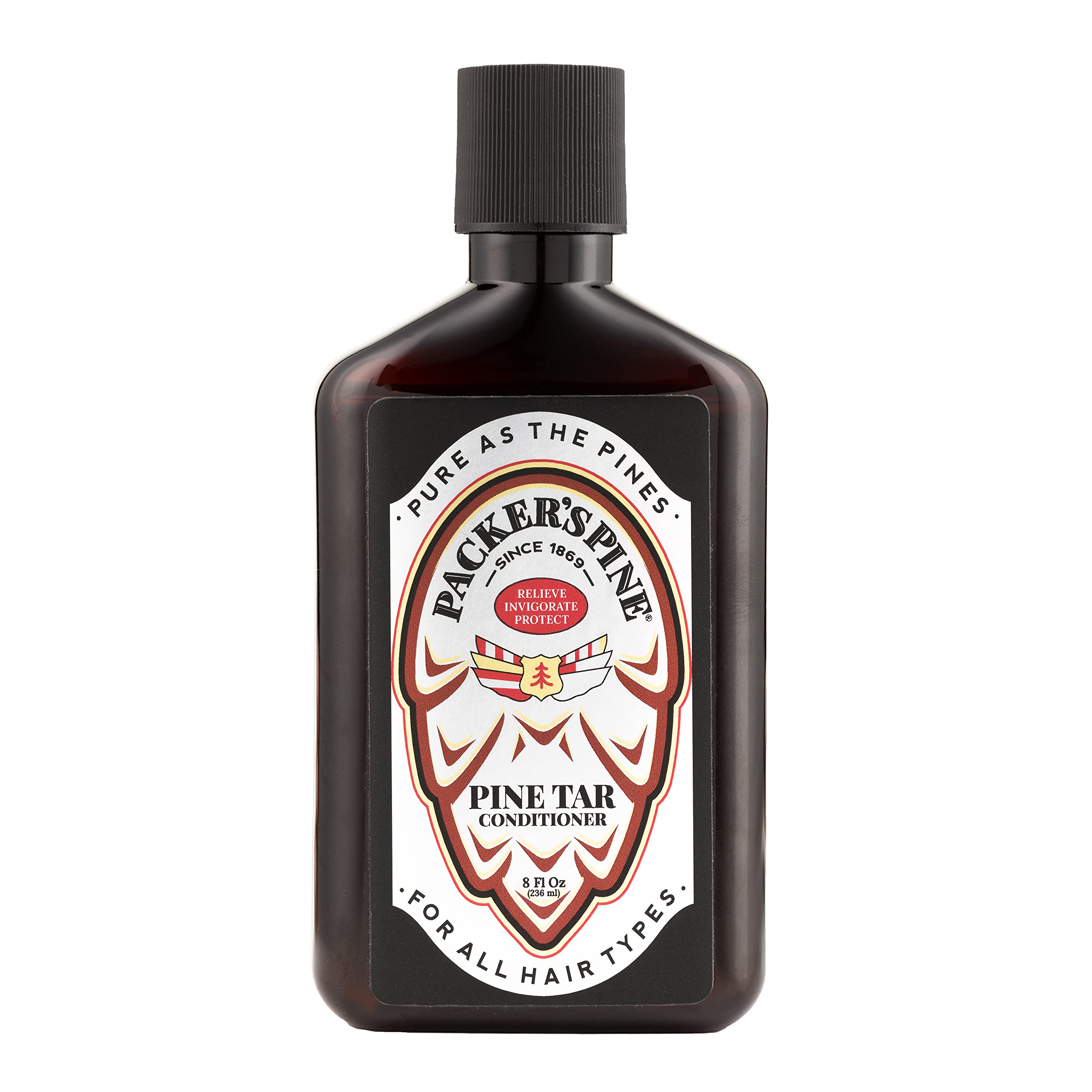 Packer's Pine Tar Conditioner bottle with pine needles promotes moisturized, manageable hair.