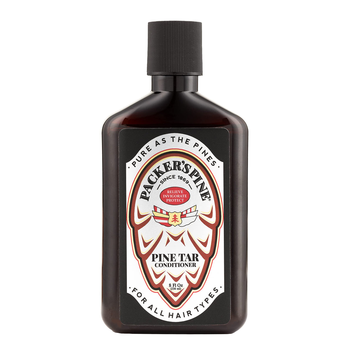 Packer's Pine Tar Conditioner bottle with pine needles promotes moisturized, manageable hair.