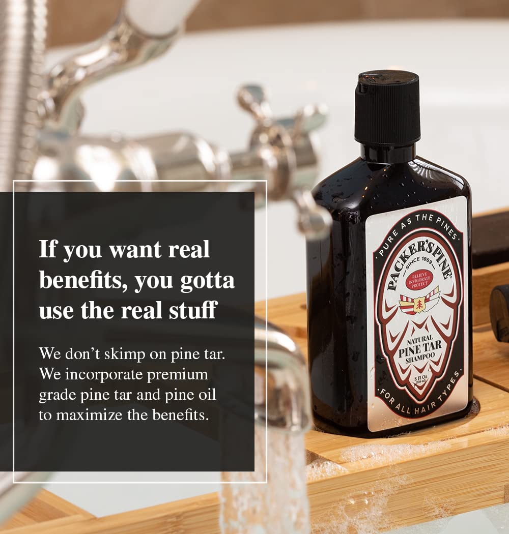 Packer's Pine Tar Conditioner bottle highlighting smoothing, manageable hair after a long day outdoors.