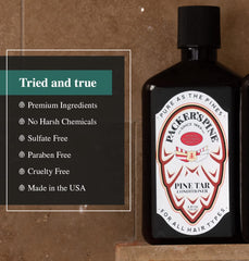 Packer's Pine Tar Conditioner on wood backdrop evokes rugged grooming.