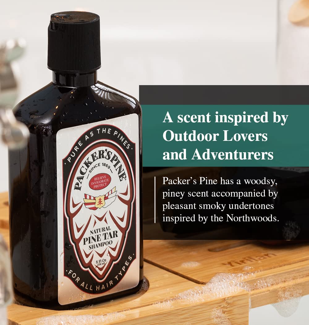 Packer's Pine Tar in outdoor scene suggests an adventure-ready hair routine.
